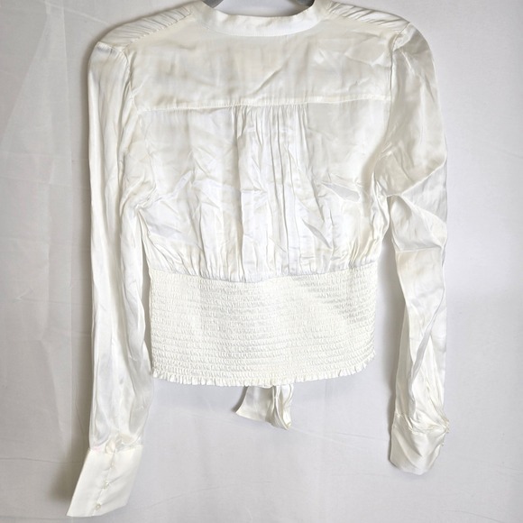 By Anthropologie V-Neck Tie Waist Smocked Blouse, White, S, Cottagecore Coquette - Picture 2 of 12